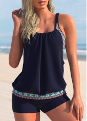 Tribal Print Navy Blue Wide Strap Tankini Set