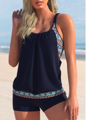 Tribal Print Navy Blue Wide Strap Tankini Set