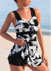 Printed Cross Strap Black Swimdress Top-No Bottom