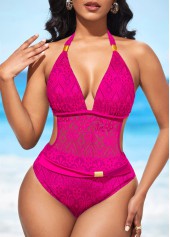 Halter Sheer Rose Red Lace One Piece Swimwear