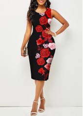Valentines Rose Print Round Neck Dress