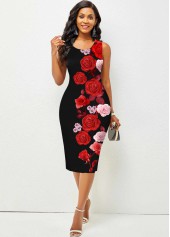 Valentines Rose Print Round Neck Dress