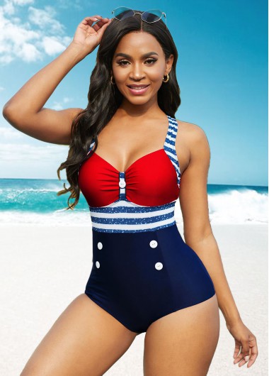 Rosewe American Flag Print Cutout Back Button Detail One Piece Swimwear - M
