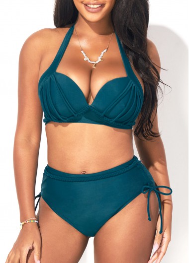 Rosewe Mid Waist Peacock Blue Halter Bikini Set - XXL