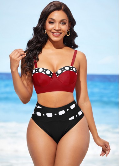 Rosewe Color Block High Waisted Polka Dot Bikini Set - M