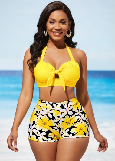 Rosewe Floral Print High Waisted Yellow Bikini Set - S