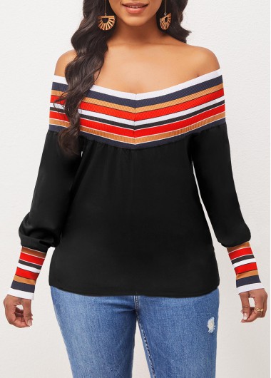 Rosewe Off Shoulder Black Long Sleeve Stripe Blouse - L