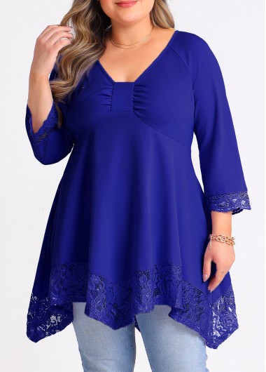 Rosewe Lace Stitching Plus Size Asymmetric Hem T Shirt - 2X