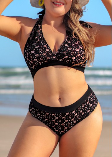 Rosewe Black Plus Size Lace Mid Waist Bikini Set - 2X