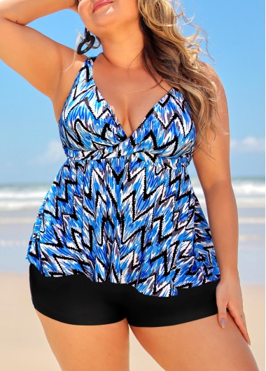 Rosewe Blue Chevron Print Plus Size Tankini Top - 1X