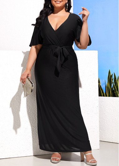 Rosewe Belted Black Plus Size Tie Side V Neck Dress - 5XL