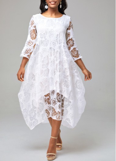 Rosewe White Dresses Floral Print Mesh Stitching Sheer Asymmetric Hem White Dress - M