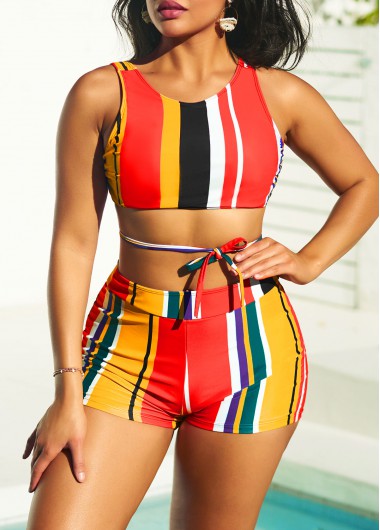 Rosewe Stripe Print Multi Color High Waisted Bikini Set - S