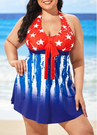 Rosewe Plus Size Blue American Flag Print Swimdress and Shorts - 5XL