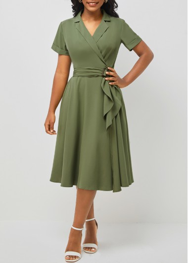Rosewe Cocktail Party Dress Notch Collar Short Sleeve Army Green Dress - S