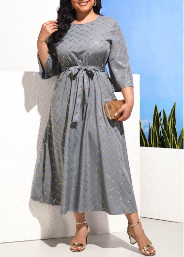 Rosewe Belted Hot Stamping Light Grey Plus Size Dress - L
