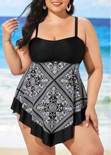 Rosewe Black Plus Size Tribal Print Swimdress and Shorts - 3XL