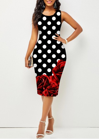 Rosewe Black Dresses Floral Print Valentines Black Sleeveless Round Neck Dress - XXL