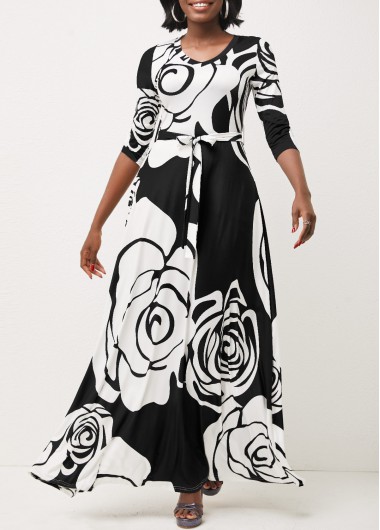 Rosewe Black Dresses V Neck Floral Print Belted Black A Line Dress - 2XL
