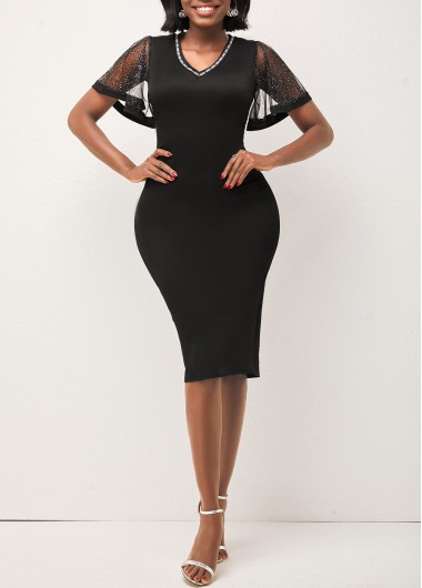 Rosewe Black Dresses Sequin Black V Neck Mesh Stitching Bodycon Dress - 3XL