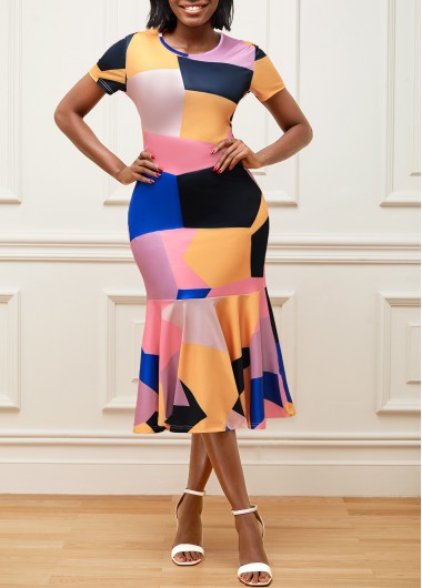 Rosewe Wedding Guest Dress Multi Color Geometric Print Flounce Dress - XXL