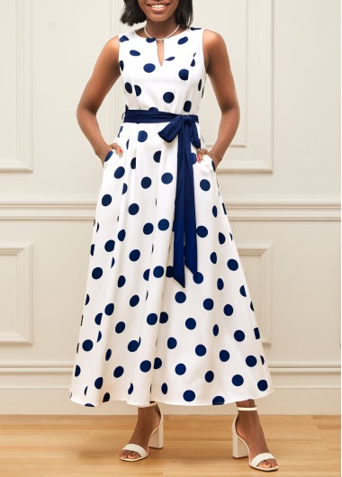 Rosewe Wedding Guest Dress White Polka Dot Double Side Pockets Belted Dress - L