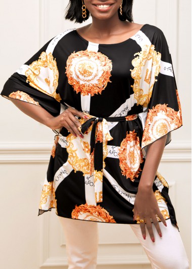 Rosewe Black Letter Print Belted Round Neck T Shirt - M