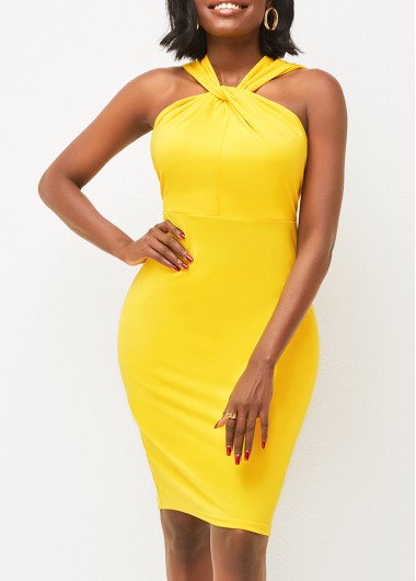 Rosewe Cocktail Party Dress Twist Front Back Slit Yellow Dress - XL