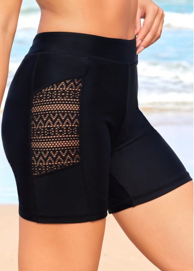 Rosewe Lace Stitching High Waisted Black Swim Shorts - L