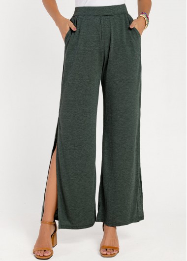 Rosewe Side Slit Tie Design Blackish Green Pants - M