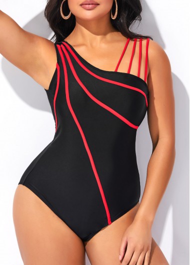 Rosewe Striped Asymmetry Black One Piece Swimwear - M