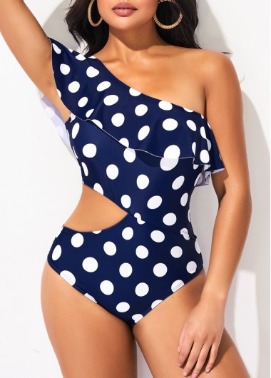 Rosewe Cutout Navy Blue Flounce Polka Dot One Piece Swimwear - M