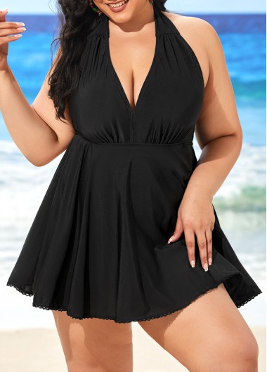 Rosewe Black Plus Size Halter One Piece Swimdress - 3XL