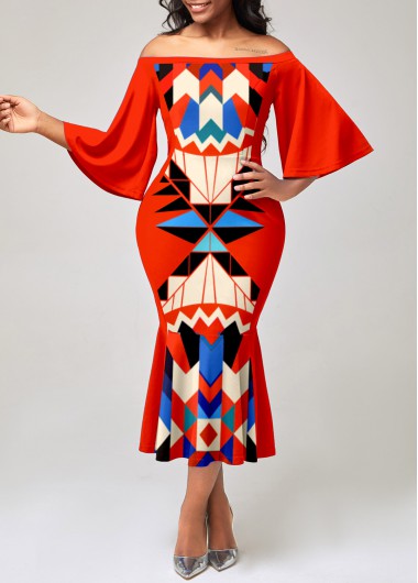 Rosewe Cocktail Party Dress Tribal Print Flare Sleeve Orange Mermaid Dress - S