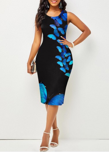Rosewe Wedding Guest Dress Valentines Butterfly Print Sleeveless Blue Bodycon Dress - M