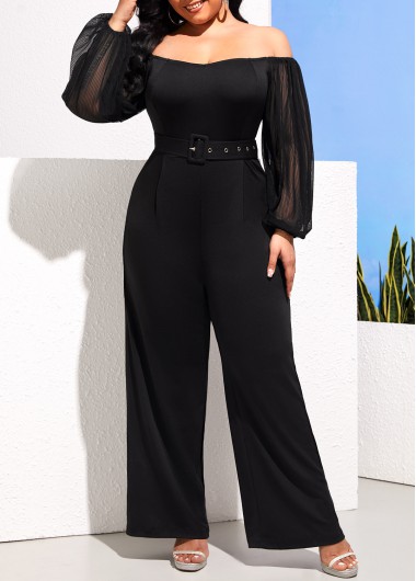 Rosewe Plus Size Off Shoulder Black Buckle Belted Jumpsuit - 3XL