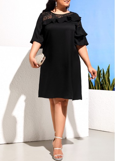 Rosewe Plus Size Black Lace Stitching Flounce Dress - 2XL