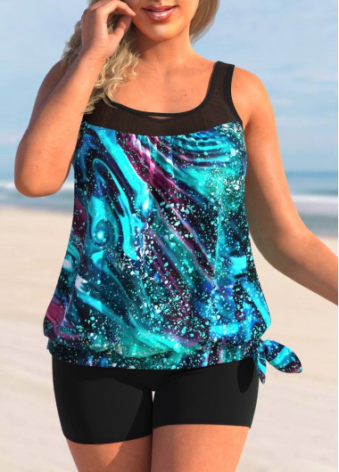 Rosewe Starry Night Print Plus Size Tie Side Tankini Top - 2X
