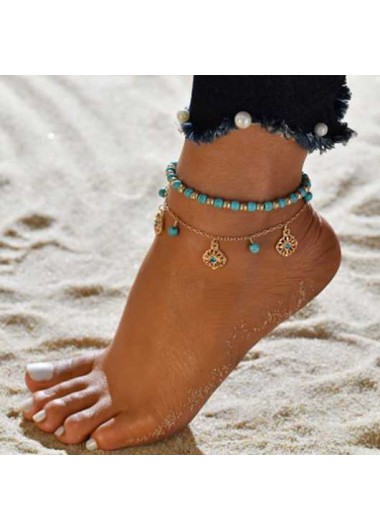 Rosewe Chic Floral Design Light Blue Beads Detail Anklet Set - One Size