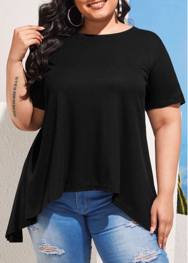 Rosewe Plus Size Bowknot Black Asymmetric Hem T Shirt - 2XL