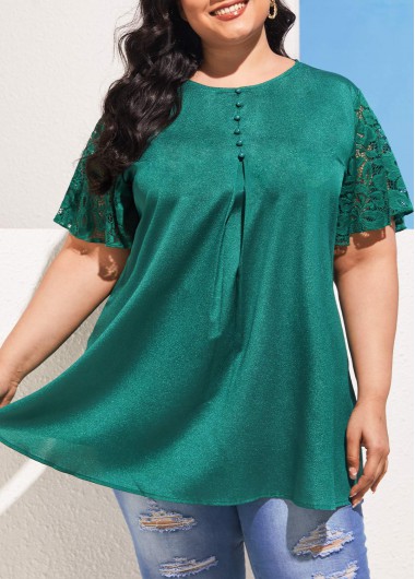 Rosewe Blackish Green Lace Stitching Plus Size T Shirt - XL