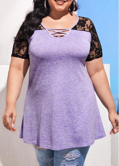 Rosewe Purple Lace Patchwork Plus Size T Shirt - 2XL