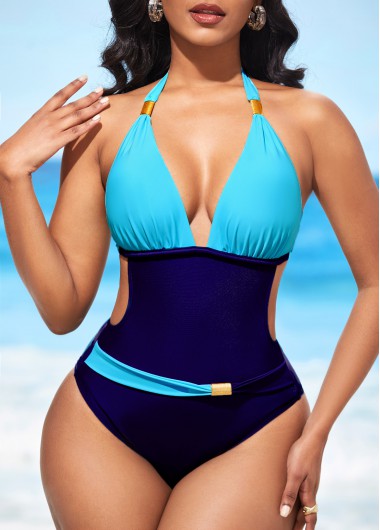 Rosewe Contrast Halter Navy Blue One Piece Swimwear - S