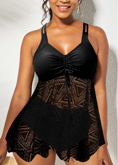 Rosewe Tie Front Lace Patchwork Black Swimdress Top - XL
