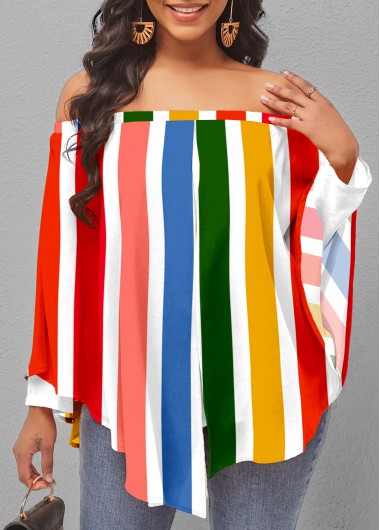 Rosewe Rainbow Stripe Off Shoulder Layered Blouse - L