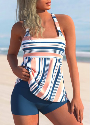 Rosewe Striped Multi Color Wide Strap Tankini Set - M