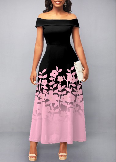Rosewe Black Dresses Black Floral Print Off Shoulder Dress - M