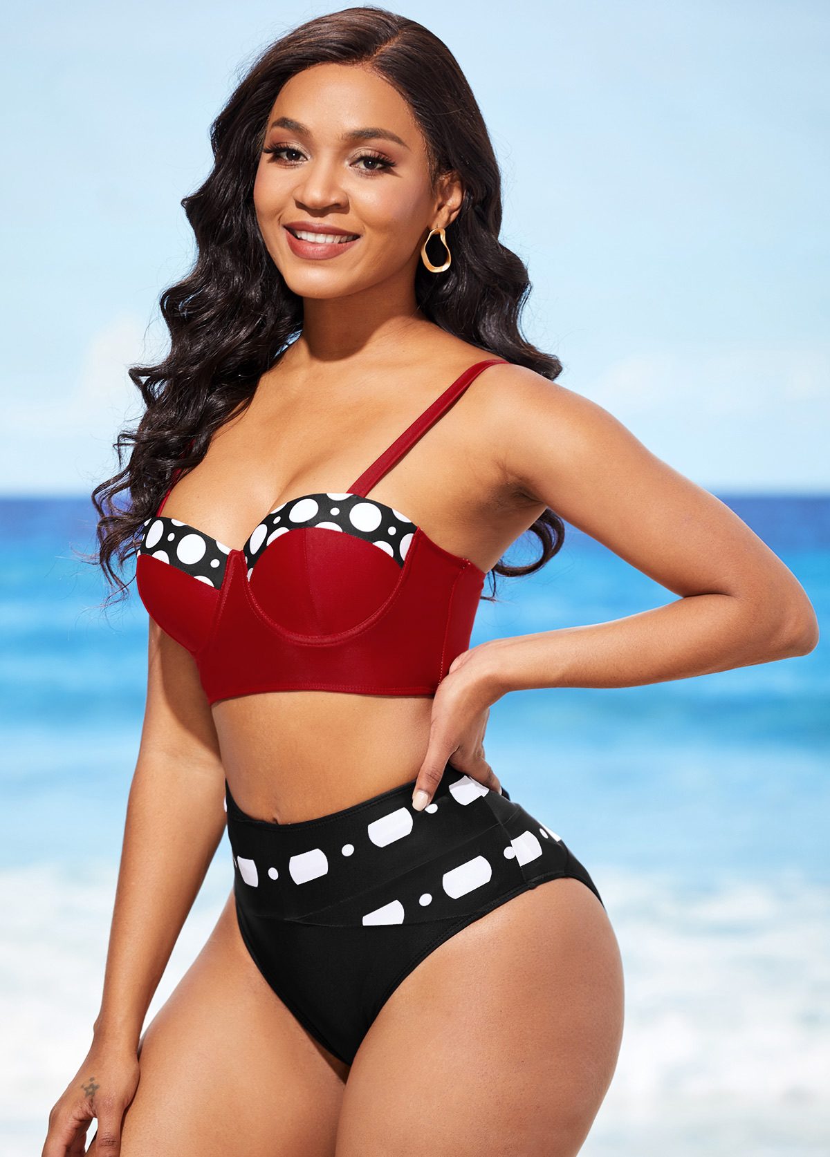 Color Block High Waisted Polka Dot Bikini Set