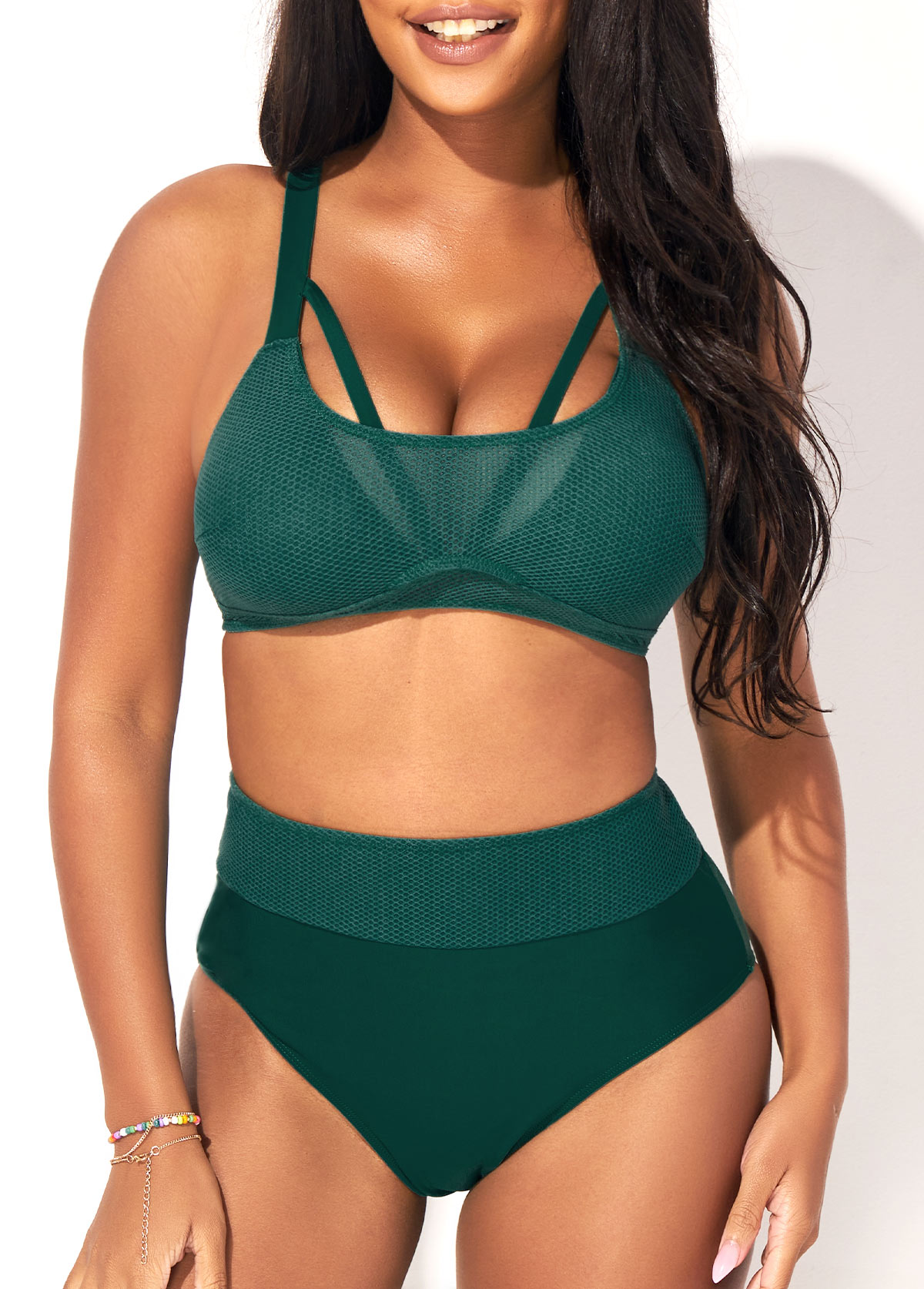 Dark Green Mesh Stitching High Waist Bikini Set