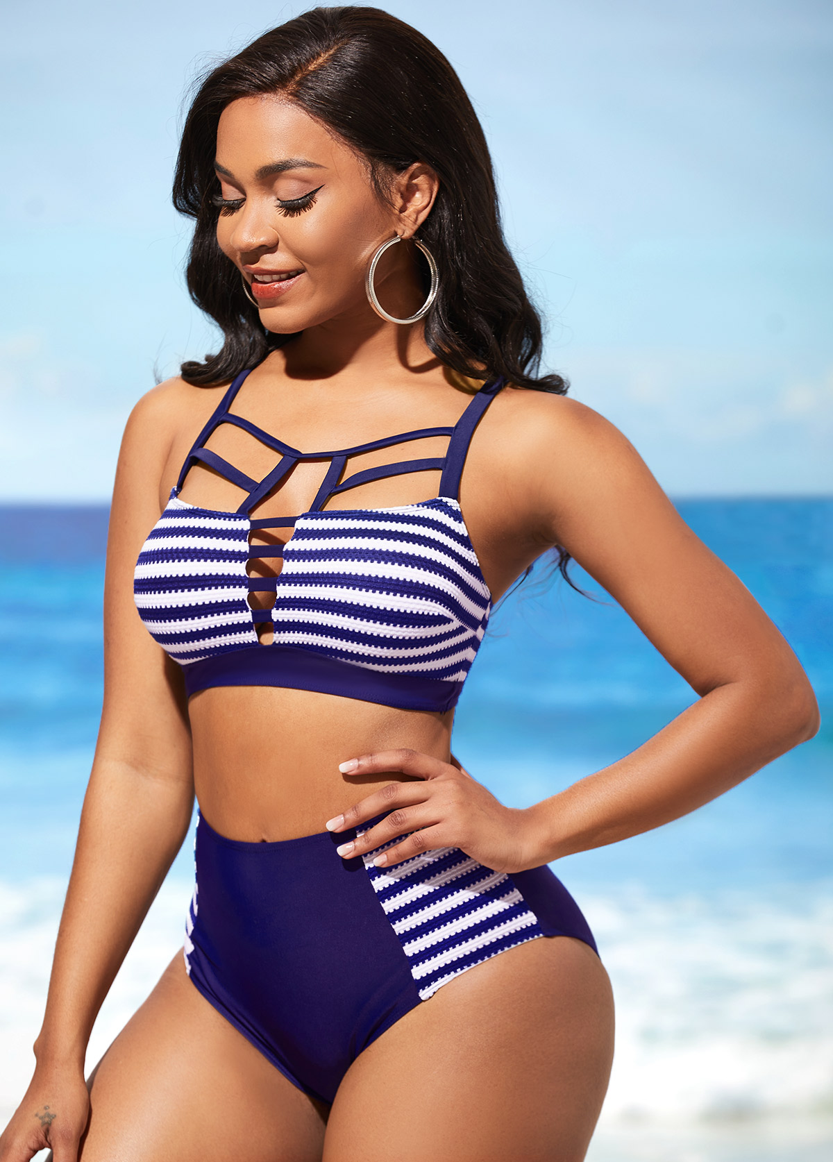 Navy Blue Stripe Print Cross Strap Bikini Set
